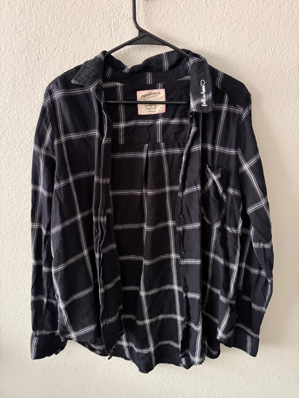Arizona Jean Co Boyfriend Fit Black and White Plaid Button-Down Flannel Shirt